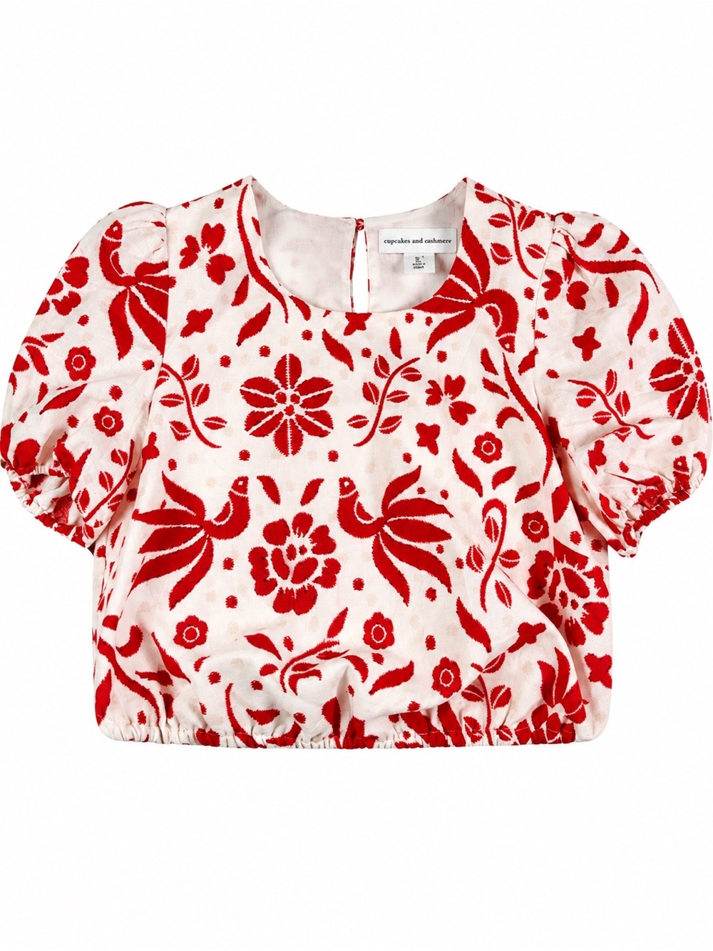 Cupcakes and Cashmere Red Floral Linen Blend Puff Sleeve Top Large